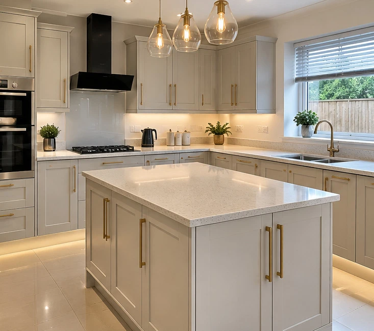 Illustration of kitchen cabinets with a warm white finish