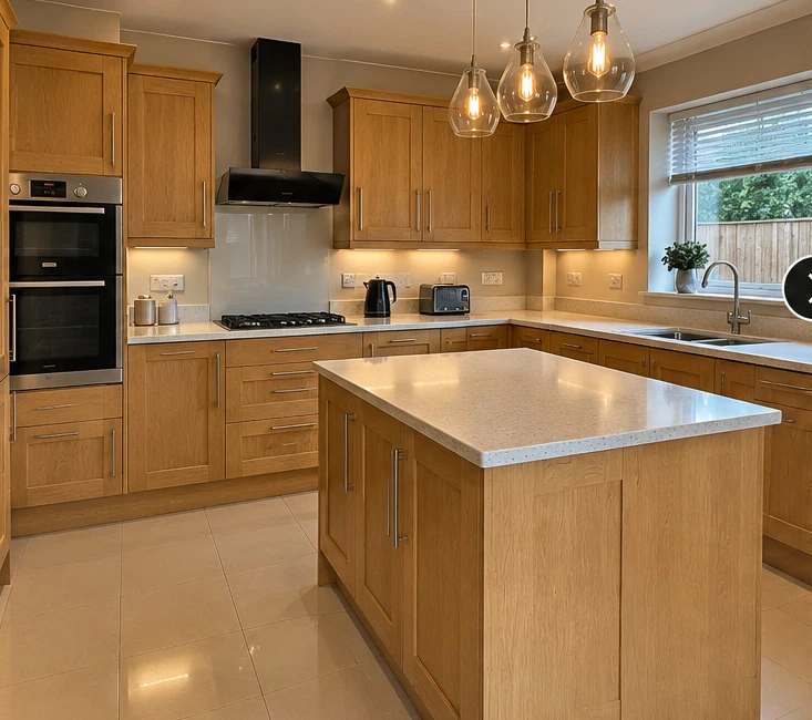 Illustration of the kitchen in a natural oak finish
