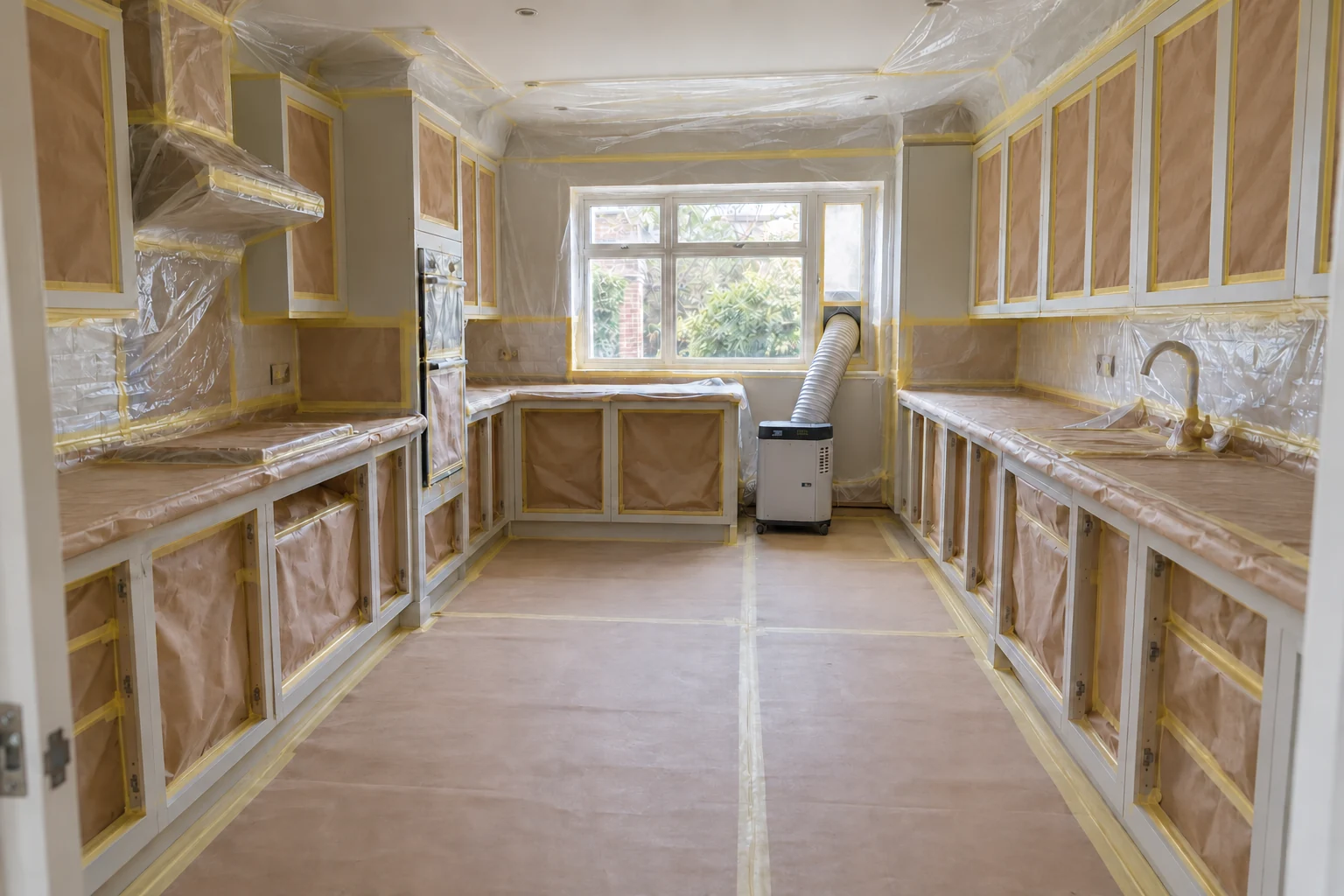 Preparation illustration with all upper and lower cupboard openings paper-masked, face frames exposed, and worktops and floor protected