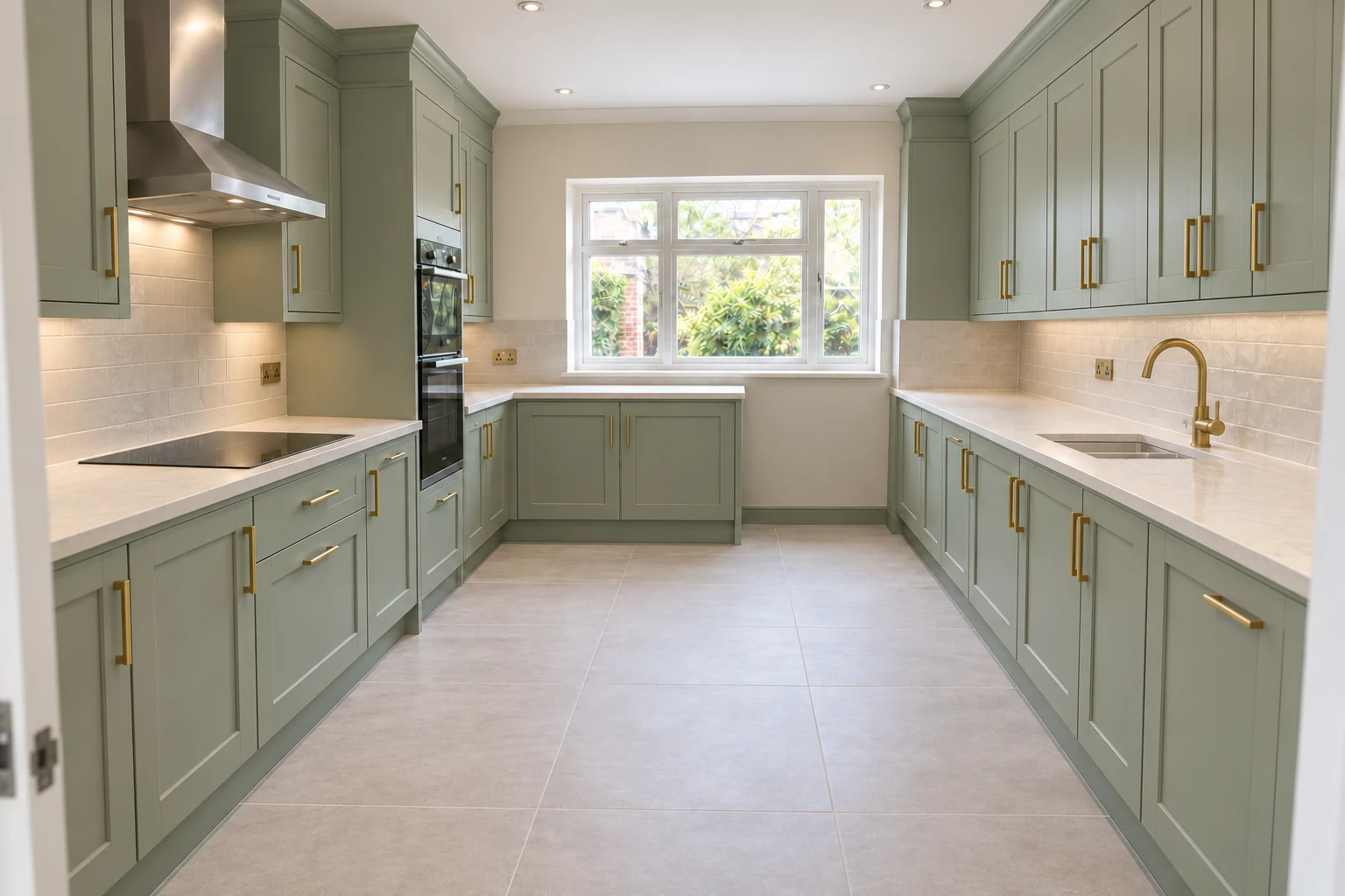 Finish illustration of the same kitchen in soft sage, with refitted Shaker fronts and brass handles
