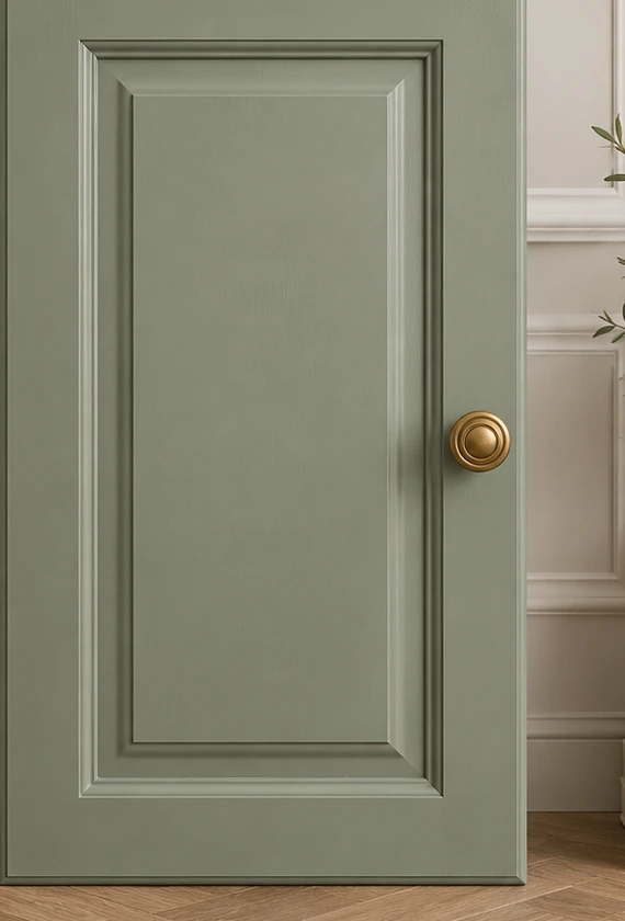 Illustrative sage green cabinet finish